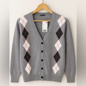 Uniqlo Cotton Argyle V-Neck Cardigan Gray Size L NWT Men's Sweater